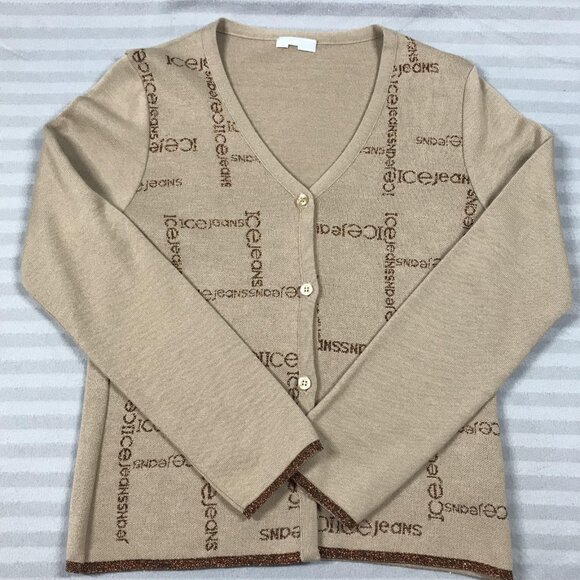 Iceberg Ice Jeans Cardigan Sweater Womens Small Beige Logo Monogram Made Italy - Picture 1 of 11